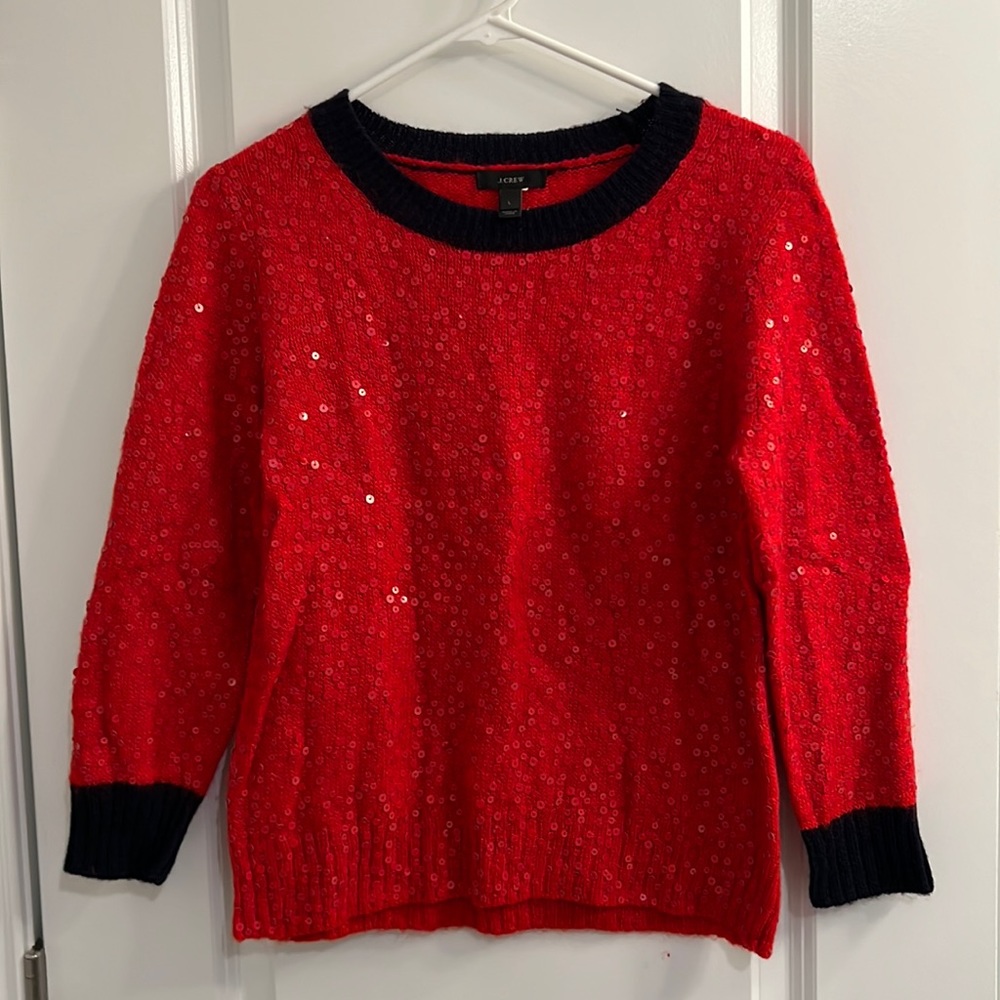 J. Crew Red & Navy Colorblock Sequin Sweater L